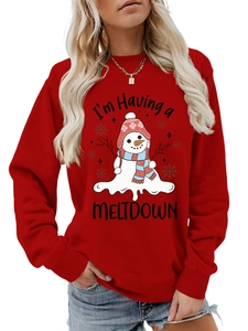 Red Christmas crewneck sweatshirt featuring a funny melting snowman print and holiday slogan