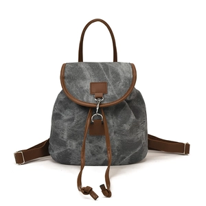 Retro grey suede canvas backpack with brown leather trim and large capacity