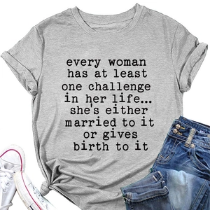 Detailed flat lay of gray cotton T-shirt with humorous black typography and crew neck