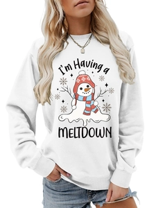 Close-up of ribbed neckline and melting snowman print on a white cotton sweatshirt