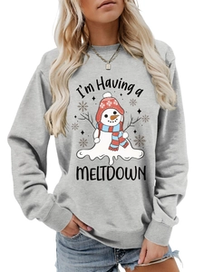 Close-up of the Melting Snowman graphic print and 'I'm Having a MELTDOWN' text on grey sweatshirt