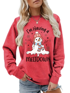 Close-up of red sweatshirt with I'm Having a Meltdown melting snowman graphic