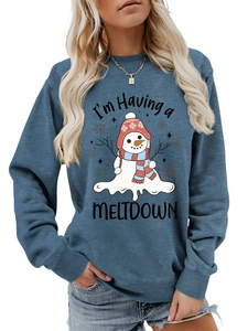Close-up of snowman graphic and 'I'm Having a MELTDOWN' text on gray-blue sweatshirt