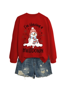 Detail of red crewneck sweatshirt with melting snowman print and distressed denim shorts