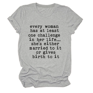 Detail of grey cotton blend t-shirt featuring humorous quote and casual rolled sleeves