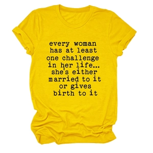Detail of soft yellow cotton t-shirt fabric with vintage black quote print and crew neck