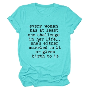 Detailed flat lay of a turquoise crew neck T-shirt with black typewriter style text print