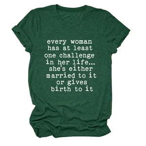 Close-up of a dark green crew neck T-shirt featuring white slogan print and cuffed sleeves