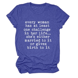 Close-up of blue heathered t-shirt with artistic white text print and crew neck detail