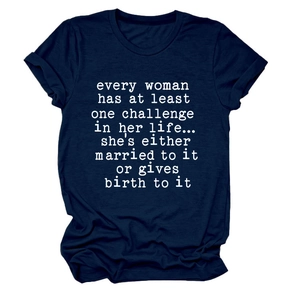 Detail of navy blue crew neck cotton t-shirt featuring a white funny slogan print