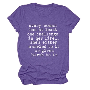 Detail of heather purple round neck t-shirt with white typewriter font printed text