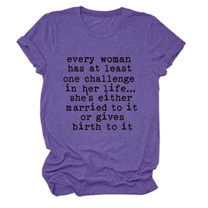 Detail of purple short sleeve t-shirt with typewriter style print and marled texture