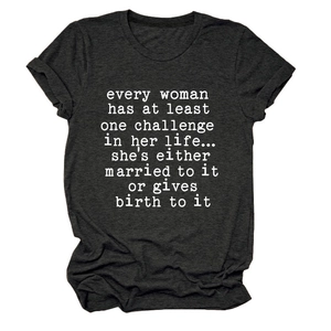 Close-up of charcoal gray slogan t-shirt showing soft cotton fabric and print