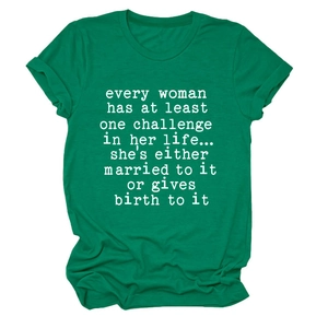 Detail of green cotton T-shirt featuring funny English quote print and soft knit texture