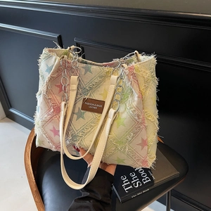 Sac Cabas En Jean Pour Femmes Grande Capacité Sac À Épaule Imprimé Étoile Damier Bords Effilochés Chaîne Métallique