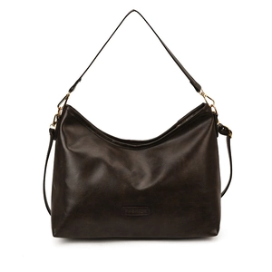 Sac hobo vintage marron foncé avec texture cuir et boucles métalliques dorées