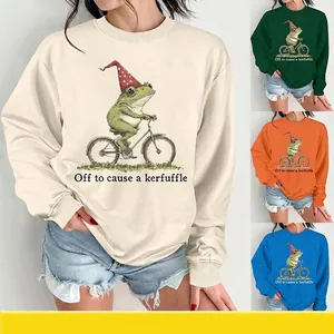Sweatshirt Femme Manches Longues Col Rond Pullover Mélange De Coton Décontracté Coupe Ample Graphique De Grenouille Drôle