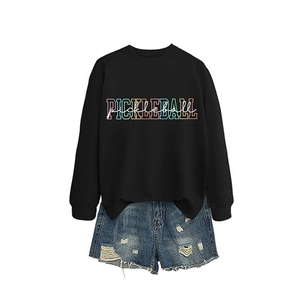Women's casual pickleball sweatshirt with colorful print and denim shorts set