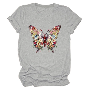 Détail de l'imprimé papillon floral sur un t-shirt en coton gris chiné à col rond