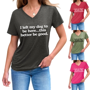 Women's V-neck T-shirt detail showing letter print in dark grey, red, green and pink