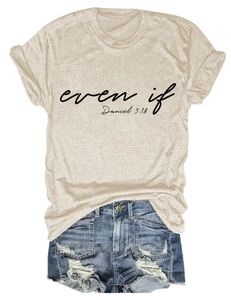 Detailed flat lay of beige crew neck t-shirt with even if print and distressed denim shorts