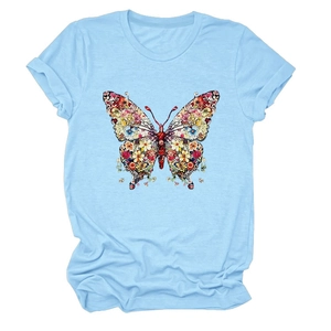T-shirt bleu clair à col rond avec imprimé papillon fleuri coloré sur tissu doux