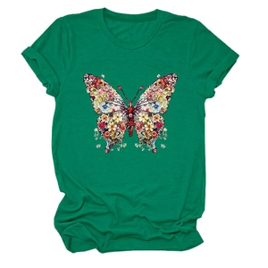 Détail de l'imprimé papillon fleuri sur t-shirt femme vert foncé à col rond et manches courtes