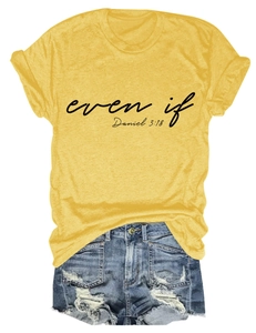 Detailed flat lay of women's yellow t-shirt with even if print and denim shorts