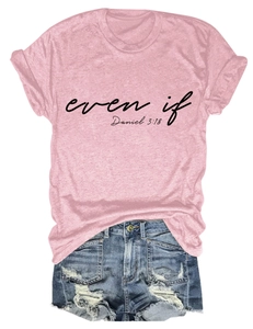Detail of pink cotton T-shirt with 'even if' print and frayed denim shorts outfit