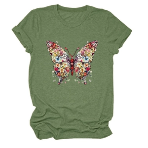 Détail de l'imprimé papillon floral et des manches retroussées sur t-shirt vert