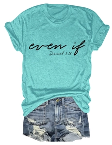 Detail of turquoise cotton t-shirt featuring black even if Daniel print and casual style