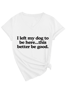 Detail of V-neck white cotton t-shirt featuring dog quote print and side knot design