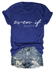 Detail of navy cotton T-shirt with 'even if' print and frayed denim shorts outfit