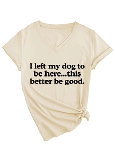 Detail of V-neck women's tee with letter print and decorative knot on the hemline