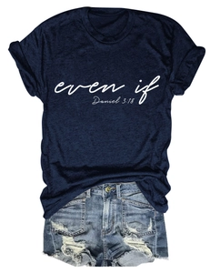 Flat lay of navy blue crew neck T-shirt with 'even if' text and denim shorts outfit