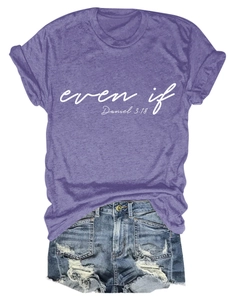 Detail of purple cotton T-shirt with 'even if' print and distressed blue denim shorts