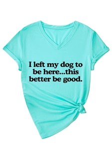 Detail of teal V-neck T-shirt with black dog quote print and stylish front knot hem