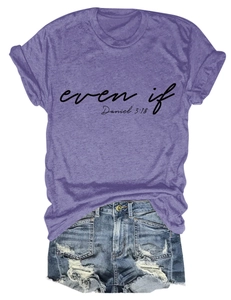 Flat lay of purple crew neck t-shirt with 'even if' text and distressed denim shorts