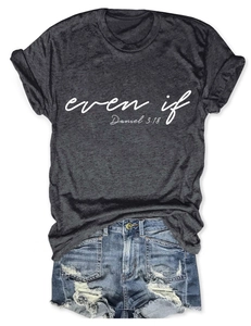 Detail of grey crewneck T-shirt with 'even if' text and distressed denim shorts set