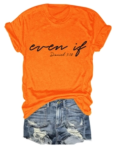 Flat lay of an orange crew neck T-shirt with even if print and denim shorts