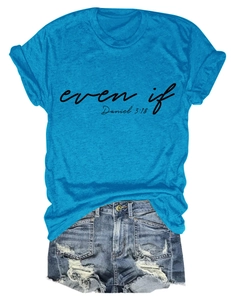 Detail of bright blue crew neck T-shirt with 'even if' print and frayed denim shorts