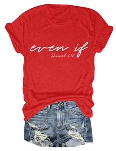 Detail of red crewneck t-shirt with 'even if' print and ripped denim shorts set