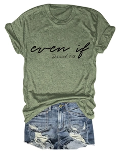 Flat lay of moss green even if Daniel T-shirt paired with blue distressed denim shorts