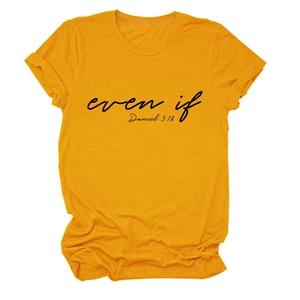 Detail of ginger yellow crew neck t-shirt featuring black even if Daniel 3:18 graphic