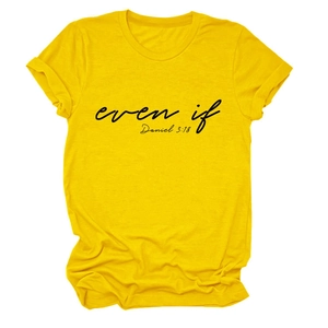 Detailed texture of yellow cotton T-shirt featuring even if Daniel 3:18 print