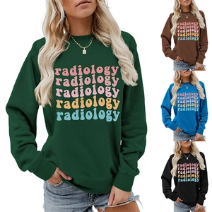 Detail view of radiology lettering print on round neck sweatshirts in multiple colors