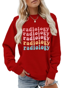 Close-up of colorful radiology typography on a red round neck long sleeve sweatshirt
