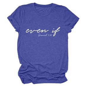 Detail of the Daniel 3:18 text print on a purple crew neck cotton blend t-shirt