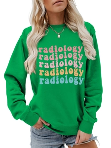 Detail of radiology colorful lettering print on bright green cotton crewneck sweatshirt