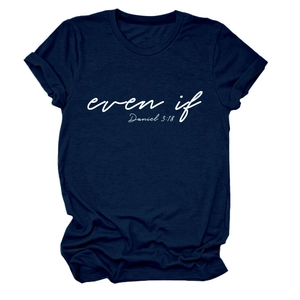 Detail of navy blue t-shirt featuring white Even If Daniel 3:18 text and rolled cuff design